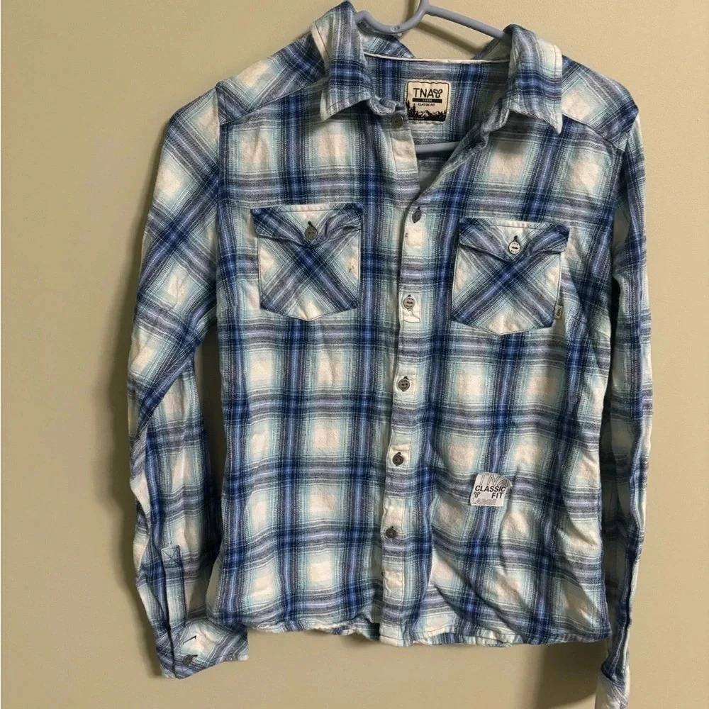 TNA Aritzia Women’s Blue Flannel Shirt Size Large Button Up Pockets Cotton